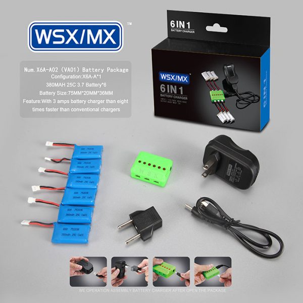 6pcs 25C 37V 380MAH Battery and 6 Port WSX MX X6A A02 Charger for Hubsan H107L H107C JJRC H108 H108C H6C